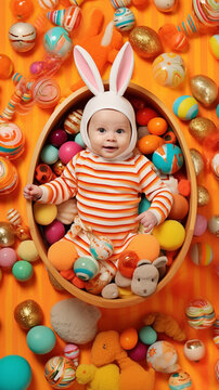 16:9 or 9:16 Photo of a cute baby wearing a bunny costume is happily playing with Easter eggs.for backgrounds screens greeting card or other High quality printing projects.