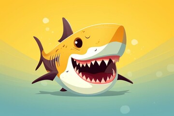Illustration of an isolated smiling shark on yellow background. Generative AI