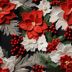 Hyper Realistic Crochet Poinsettia and Berries Seamless Pattern