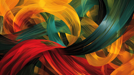 Vibrant abstract illustration with swirling ribbons in red, yellow, and green, symbolizing Black History Month and racial equality. - obrazy, fototapety, plakaty