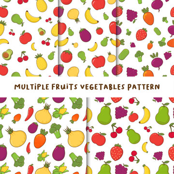Seamless Set Fruit Vegetable Colorful Pattern