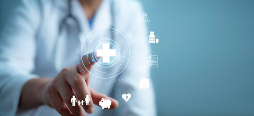 .A medical worker using virtual with health care icons, medical technology background, health insurance business.Health Insurance, telemedicine, virtual hospital, family medicine concept. - obrazy, fototapety, plakaty