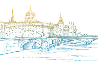 Nice view of ancient bridge in Paris. France. Hand drawn urban sketch. Colourful  urban illustration. White background.