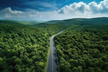 Fototapeta na wymiar Aerial view of asphalt road and green forest, Beautiful fresh green natural scenery of hilltop. Healthy environment. Natural landscape.