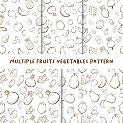 Seamless Set Fruit Vegetable Line Pattern 