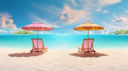 Tropical beach panorama with chairs and umbrellas