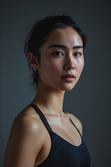 poise of asian woman wearing sports bra in minimalistic background