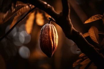 beautiful ripe cocoa bean fruit on tree with light glow from behind Generative Ai