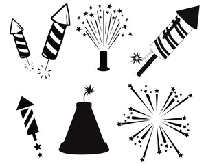 Fireworks.Firework icon set. Set of firecracker icons for Anniversary, New year, Celebrate,Holiday, party , Festival. Flat design on WHITE background.
