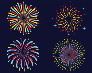 Set of colorful fireworks. Festive explosion of fireworks with stars and sparks.celebration party, anniversary or festival, explosion stars. Celebrations birthday or Christmas. Vector illustration. 