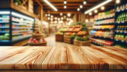 Foto op Plexiglas empty wooden table with beautiful grocery store background © Nisit