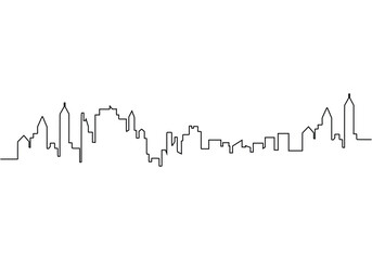 City silhouette in continuous line art drawing style. One single outline cityscape