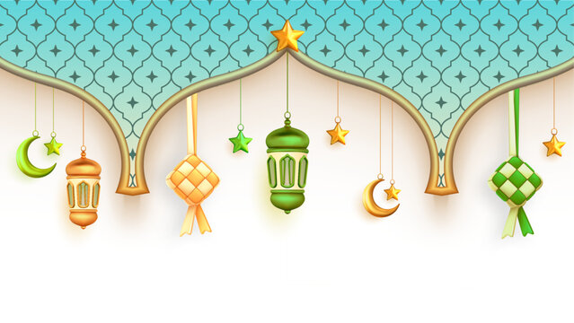 Islamic decoration background with ketupat, crescent, moon star and lantern Arabic style, 3D illustration