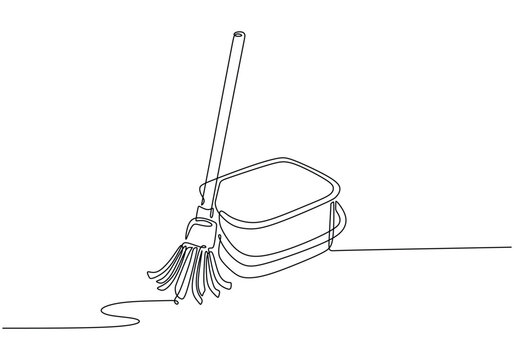 recommend clip art: mop and bucket continuous line art drawing. Cleaning service concept.