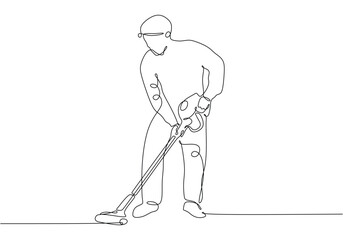 Continuous line drawing of Cleaning service concept. Person with vacuum cleaner on floor