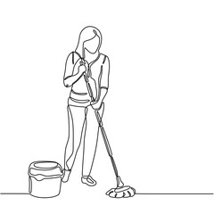 Continuous line drawing of Cleaning service concept. Woman mopping floor with mop