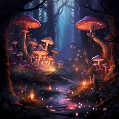 Enchanted forest with glowing mushrooms and mystical creatures.