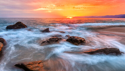 Sunset Ocean Beach Landscape Surreal Rocky Seascape Nature Sunrise Water Sea Rocks