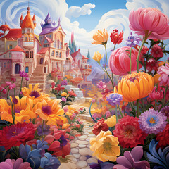 Fototapeta na wymiar A hidden village nestled within the vibrant petals of oversized flowers.