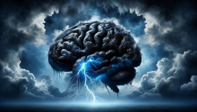 Conceptual image of human brain with stormy sky and lightning