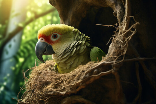 Photo of a parrot in its nest with a green foreground