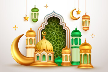 3d illustration mosque and crescent with arabesque decorations vector - 699921743