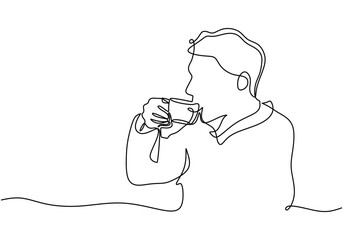 Drinking coffee continuous one line drawing. People drink with delicious gesture