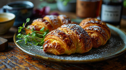 Golden-baked croissants topped with glittering sugar,
bakery-fresh croissants, warm and flaky croissants in a cozy café atmosphere, Generative AI