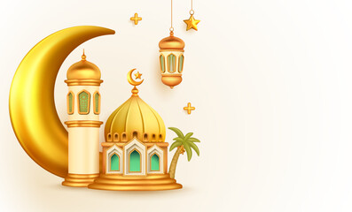 3d illustration Islamic background with mosque, crescent, moon star, lantern, date palm tree with copy space text area