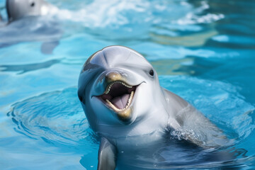 Dolphin swims in the pool Focused eyes, sunlight.