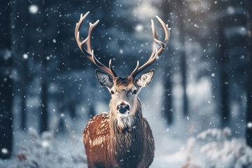 A male deer stands in the snow and soft sunlight.