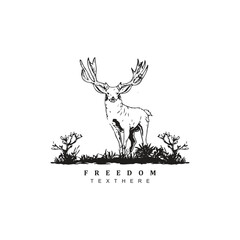 Vintage retro hand drawn deer alone in the forest logo design badge
