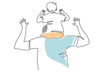 Happy fathers day one line drawing. Single outline Dad carry in arms his son or child