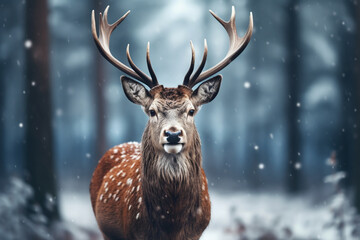 A male deer stands in white winter snow looking at the camera.