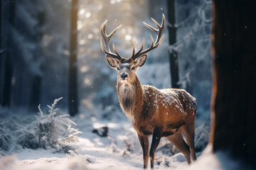 Deer standing in snow with golden light facing the camera.
