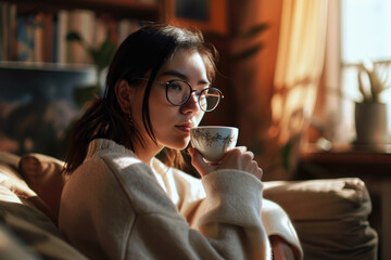 Beautiful Happy asian young woman drinking a cup of coffee sitting on sofa in living room at home - obrazy, fototapety, plakaty