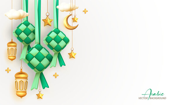 Ketupat, crescent and lantern as Islamic decoration background for ramadan mubarak, eid al fitr with copy space text area, 3D vector illustration