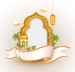 3d vector mosque dome, frame pattern, lanterns and palm trees united by ribbon as beautiful decoration for ramadan and eid al adha - 699922965
