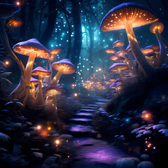 Fototapeta na wymiar A surreal forest scene with glowing mushrooms and mystical creatures.