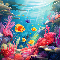 School of colorful fish swimming through an underwater garden of coral.