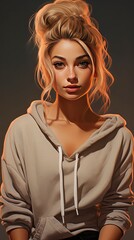 Photorealistic,Photo of a girl, blonde double buns hair style, deeply tanned, hoodie with generative ai