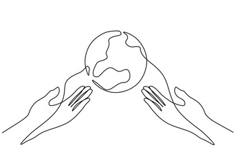 Two hands with earth in one continuous line art drawing
