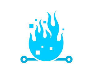 Blue fire with pixel and circuit tech vector logo