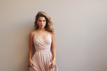 Elegant Woman in a Chic Pastel Evening Gown with Copy Space