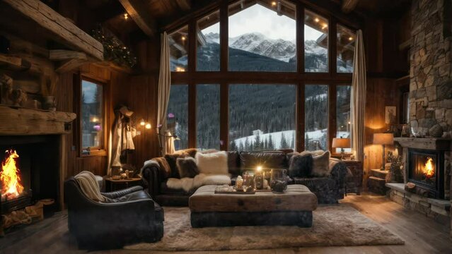 The living room of a luxurious yet rustical chalet embedded in the snow covered mountains. seamless time lapse looping virtual 4k video animation background. Generated with AI