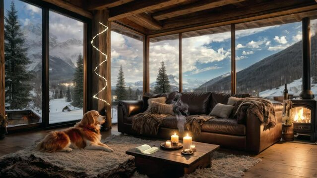 The living room of a luxurious yet rustical chalet embedded in the snow covered mountains. seamless time lapse looping virtual 4k video animation background. Generated with AI