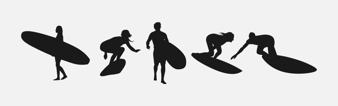 silhouette of several surfer isolated on white background. different action, pose. sport, surfing, hobby, summer theme. vector illustration.