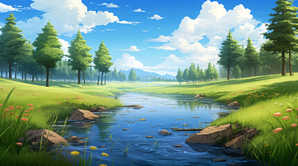 Spring forest river scene illustration, Beginning of Spring outdoor natural scene illustration