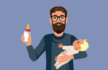 Happy Father Holding his Baby and Formula Bottle Vector Illustration. Bottle fed infant having his dad care for him 
 - obrazy, fototapety, plakaty