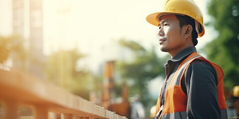 Asia handsome worker works at construction site, green uniform and yellow safety hat, 4k pictures copy space